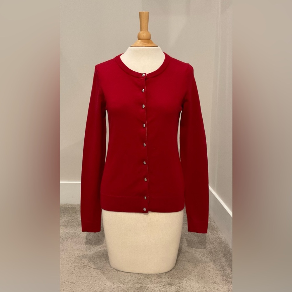 Banana Republic Classic Crewneck Cardigan, Merino Wool Blend, Red, Size S